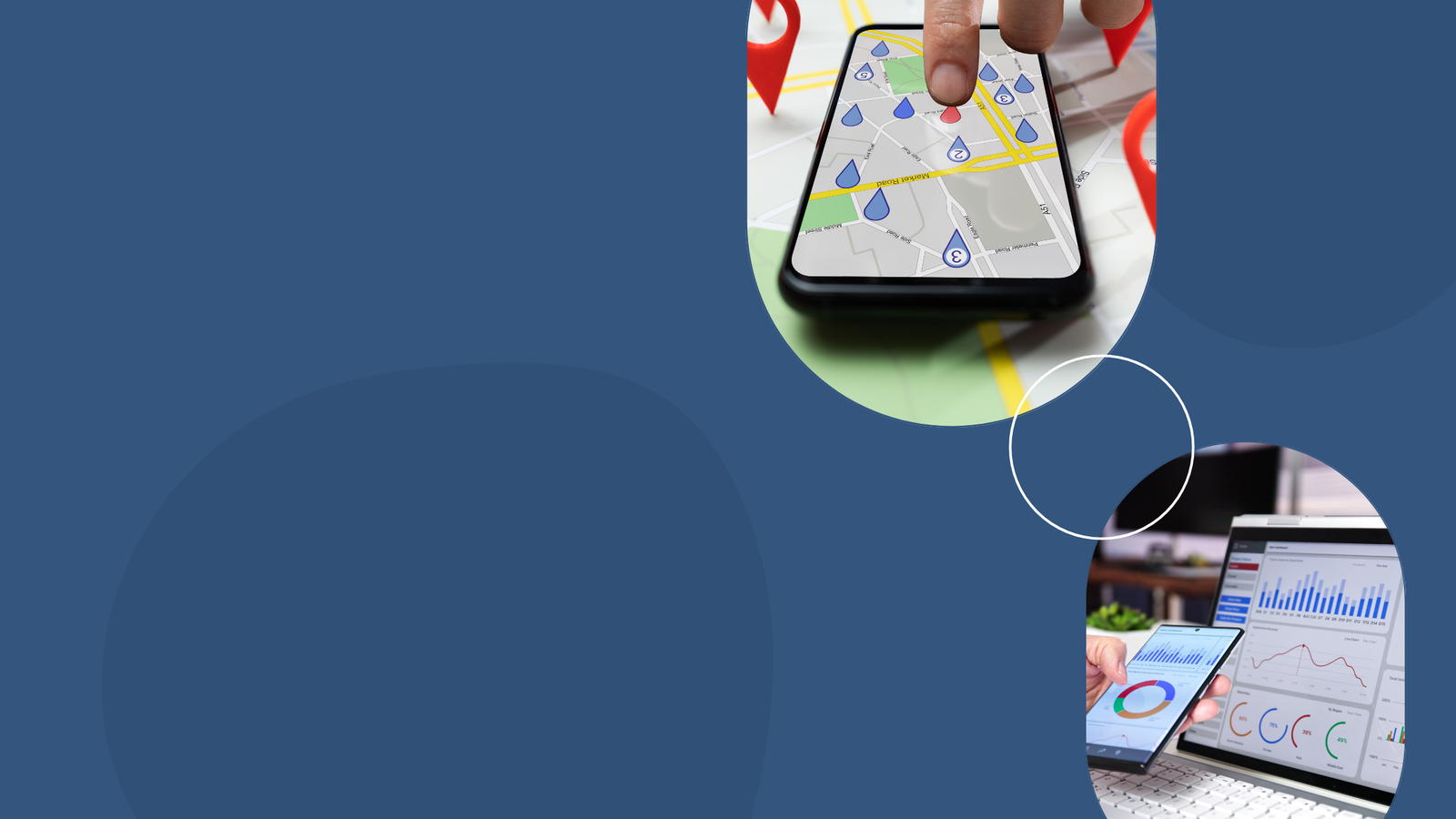 Decorative graphic: phone and website mockup on a blue background